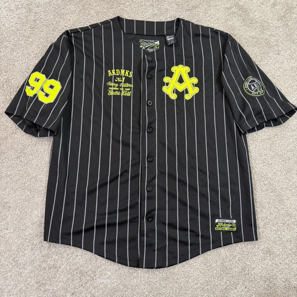 Akdmks Baseball Jersey XL Black Pinstripe Neon Yellow Heavy Hitters Streetwear